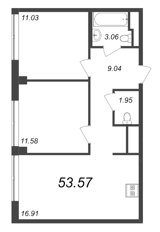 3-комнатная (Евро) квартира, 53.57 м² в ЖК "GloraX Premium Василеостровский" - планировка, фото №1