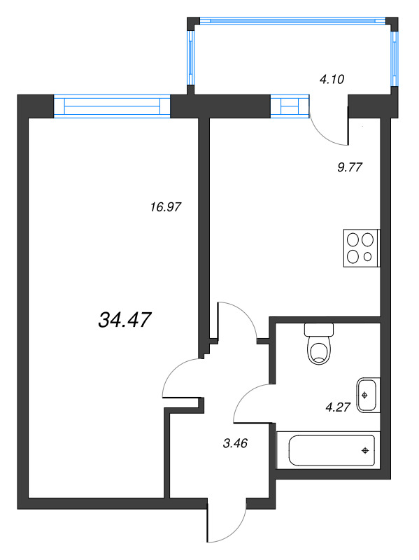 1-комнатная квартира, 34.47 м² в ЖК "Полис ЛАВрики" - планировка, фото №1