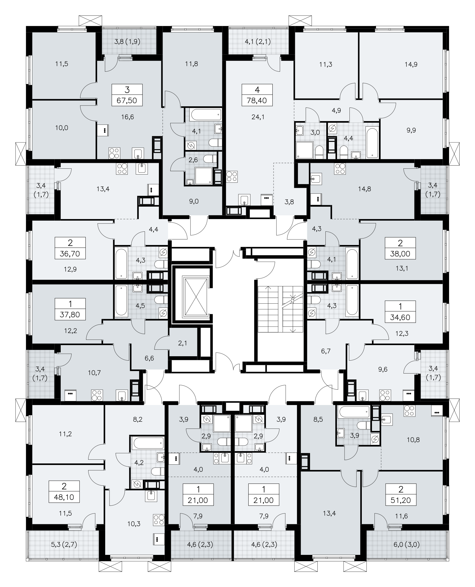4-комнатная (Евро) квартира, 67.5 м² - планировка этажа