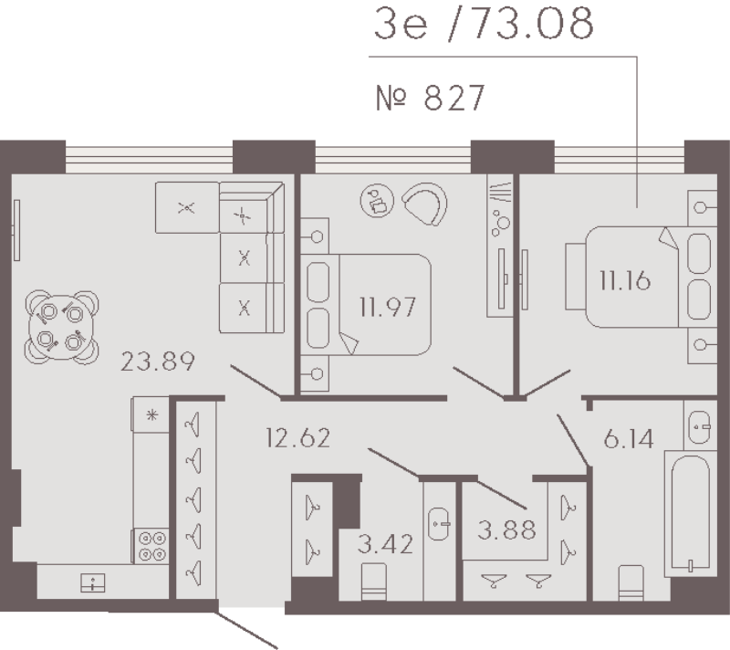 3-комнатная (Евро) квартира, 73.08 м² в ЖК "17/33 Петровский остров" - планировка, фото №1