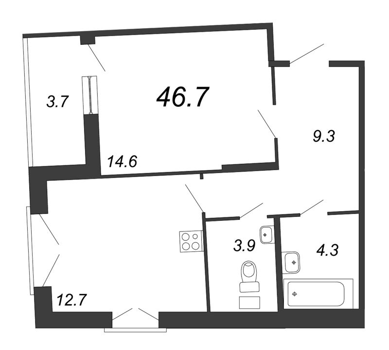 1-комнатная квартира, 47.4 м² в ЖК "Квартал Che" - планировка, фото №1