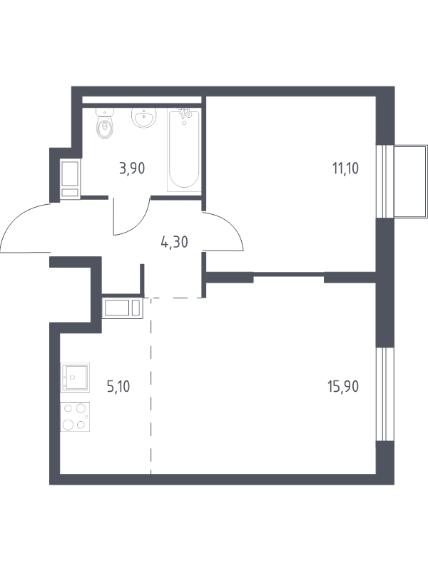 2-комнатная (Евро) квартира, 40.3 м² в ЖК "Курортный Квартал" - планировка, фото №1