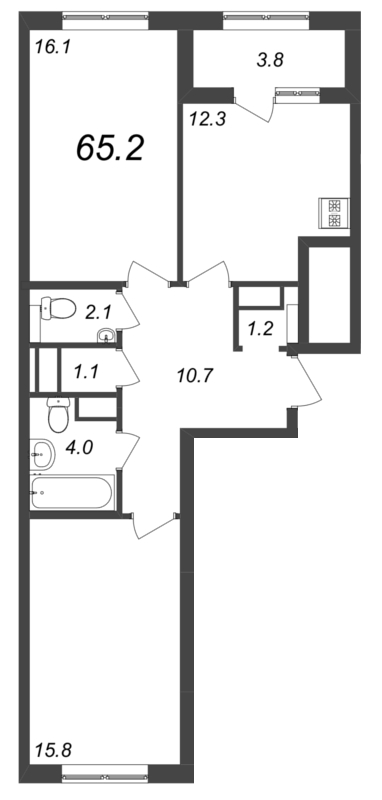 2-комнатная квартира, 64.8 м² в ЖК "Галактика" - планировка, фото №1