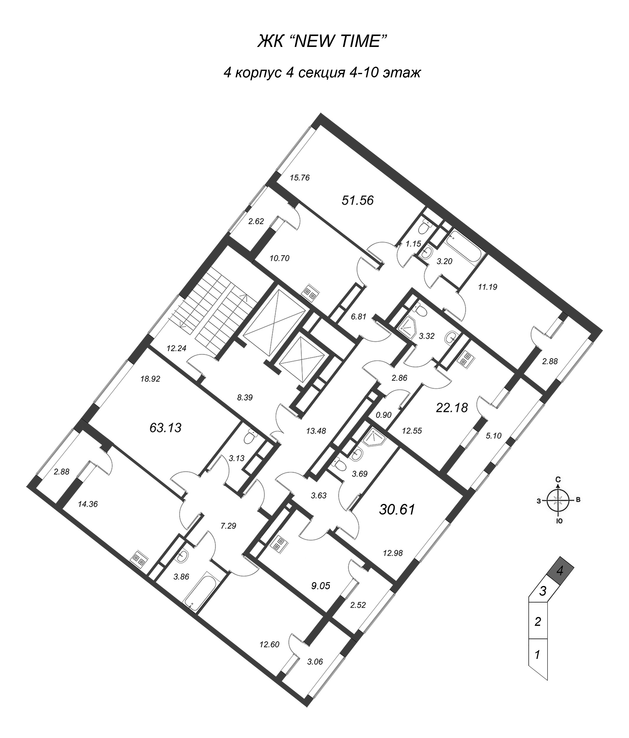 2-комнатная квартира, 51.4 м² в ЖК "New Time" - планировка этажа