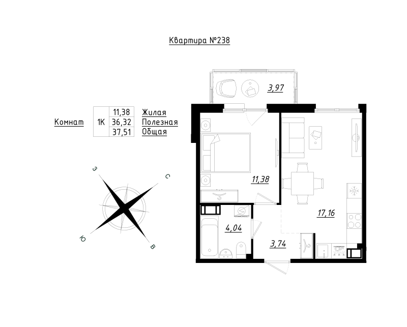 2-комнатная (Евро) квартира, 37.51 м² в ЖК "Счастье 2.0" - планировка, фото №1
