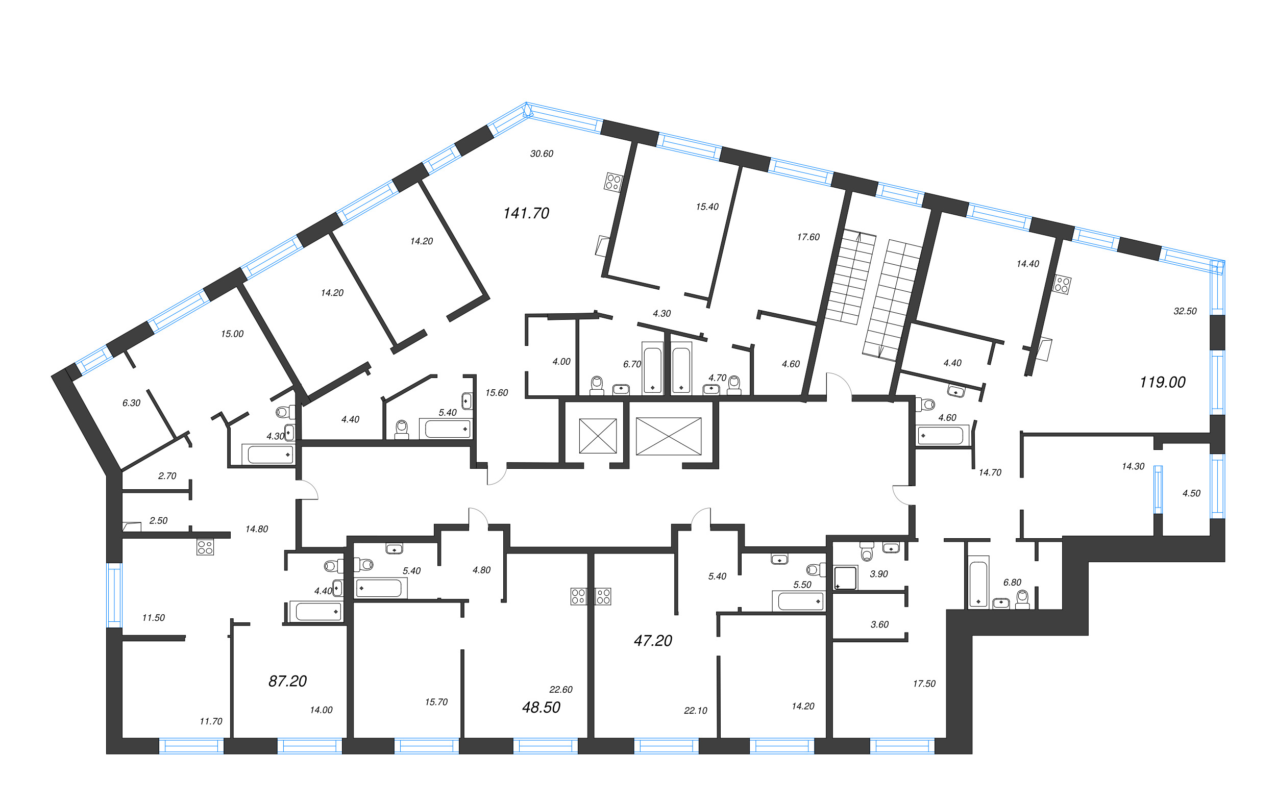 2-комнатная (Евро) квартира, 48.5 м² в ЖК "ЛДМ" - планировка этажа