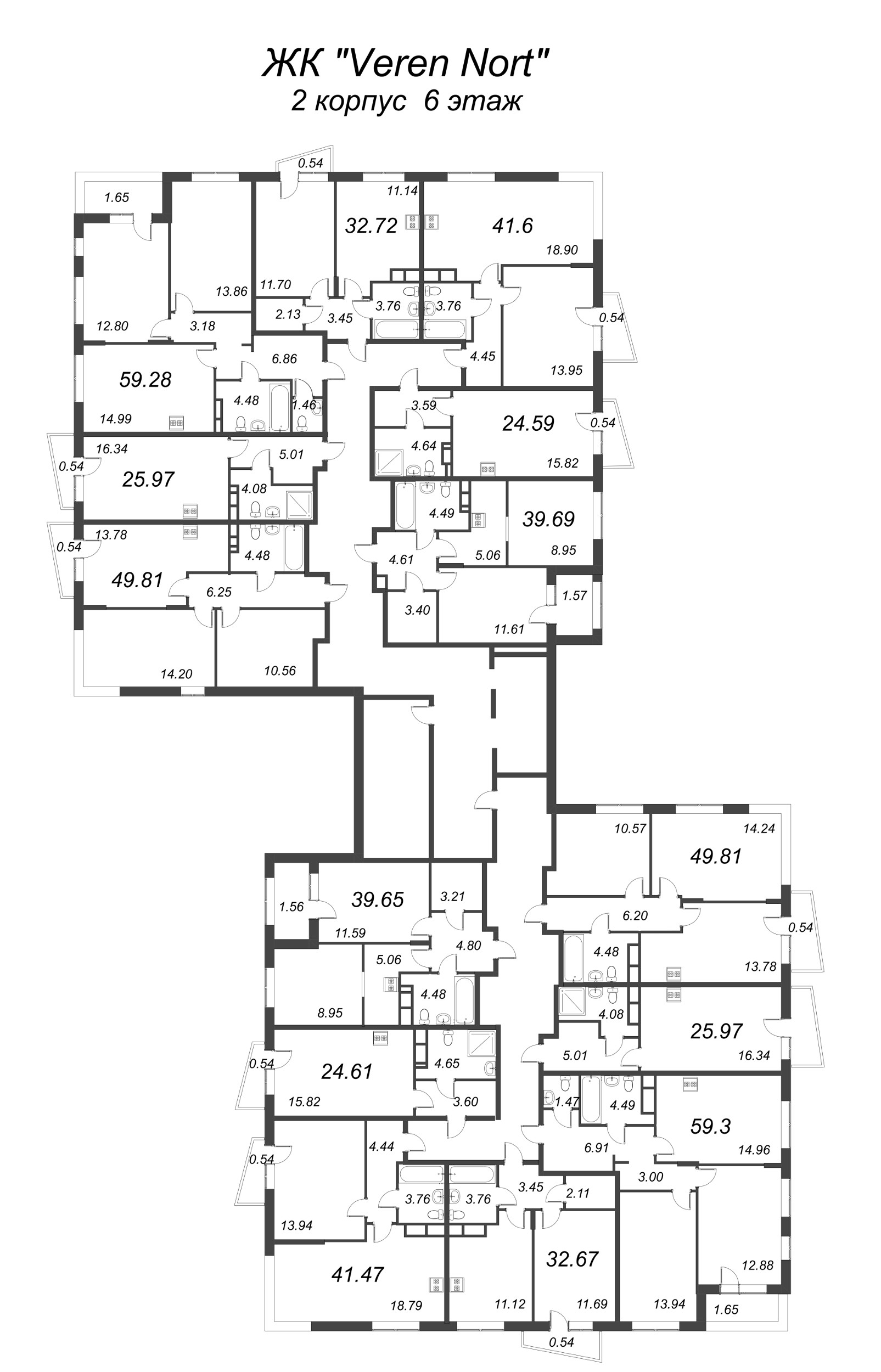 1-комнатная квартира, 32.67 м² в ЖК "VEREN NORT сертолово" - планировка этажа