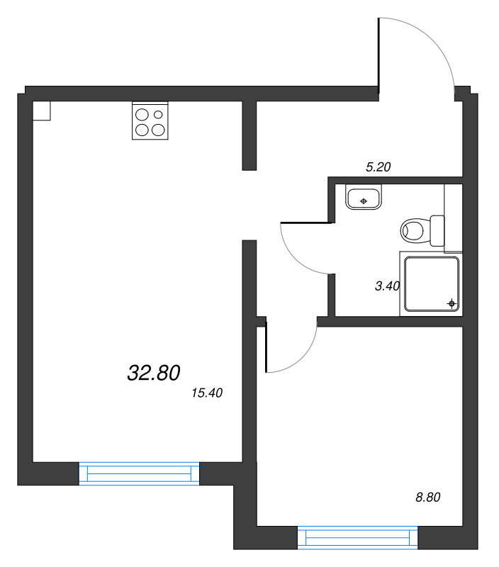 1-комнатная квартира, 32.8 м² - планировка, фото №1