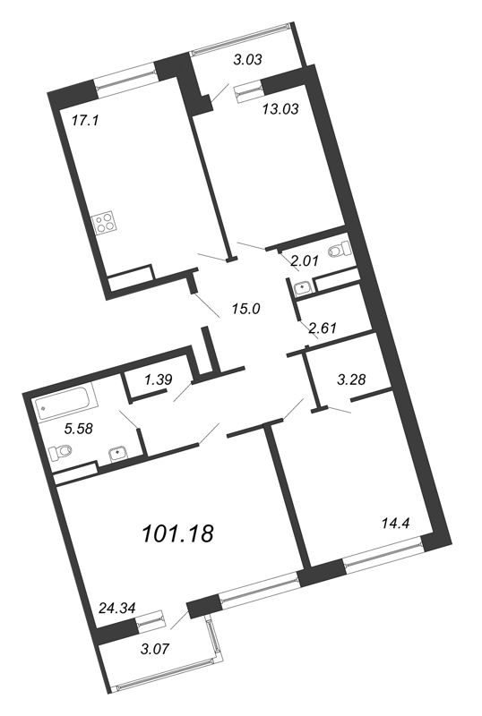 3-комнатная квартира, 101.18 м² - планировка, фото №1