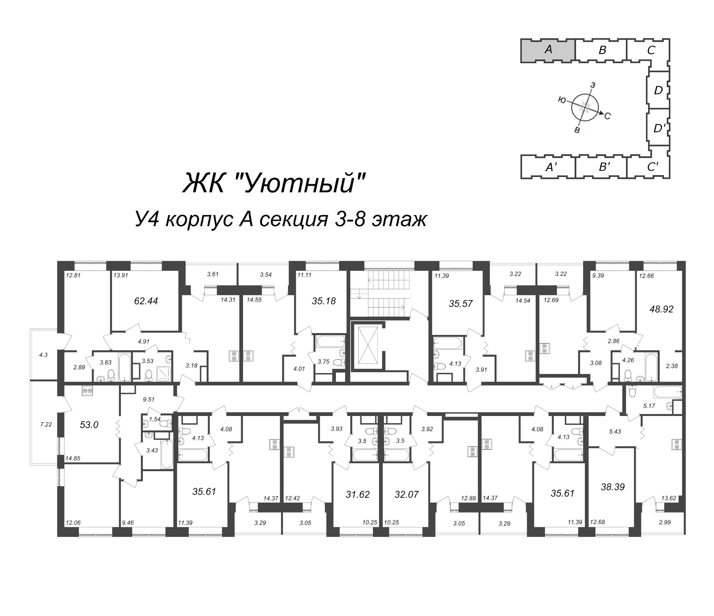 1-комнатная квартира, 31.62 м² в ЖК "Уютный" - планировка этажа
