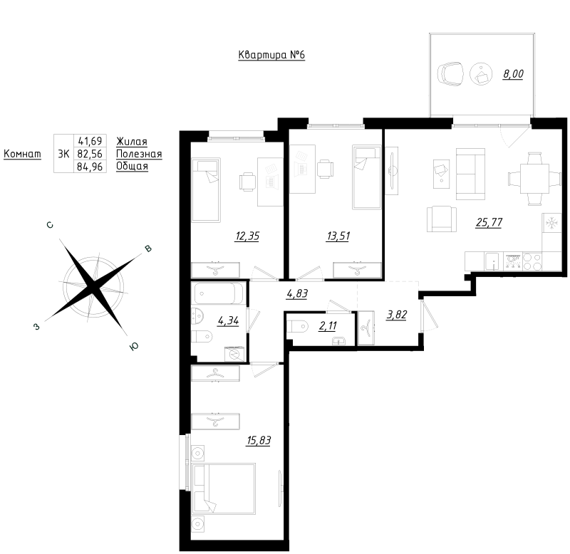 4-комнатная (Евро) квартира, 84.96 м² в ЖК "Счастье 2.0" - планировка, фото №1