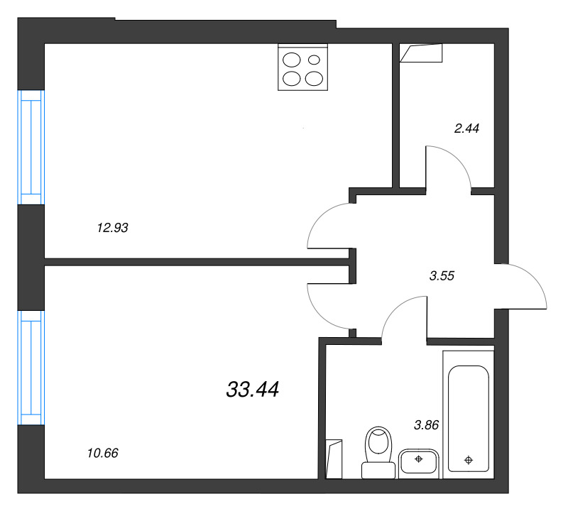 2-комнатная (Евро) квартира, 33.44 м² в ЖК "Кинопарк" - планировка, фото №1