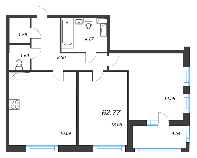 3-комнатная (Евро) квартира, 62.77 м² в ЖК "Cube" - планировка, фото №1