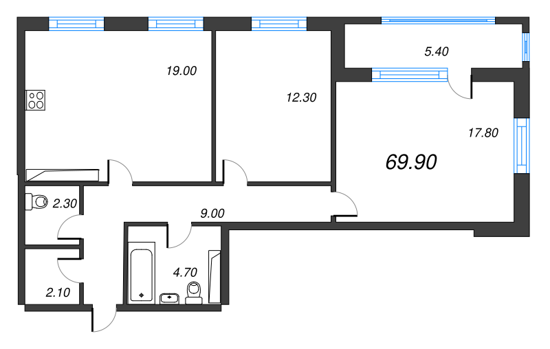 3-комнатная (Евро) квартира, 69.9 м² в ЖК "Тайм Сквер" - планировка, фото №1