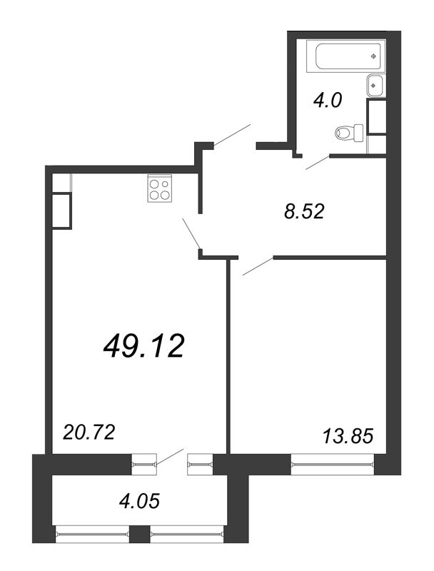 2-комнатная (Евро) квартира, 49.12 м² в ЖК "Modum" - планировка, фото №1