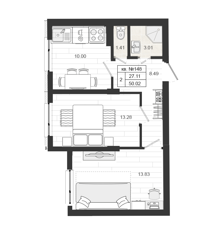 2-комнатная квартира, 50.4 м² в ЖК "Верево Сити" - планировка, фото №1