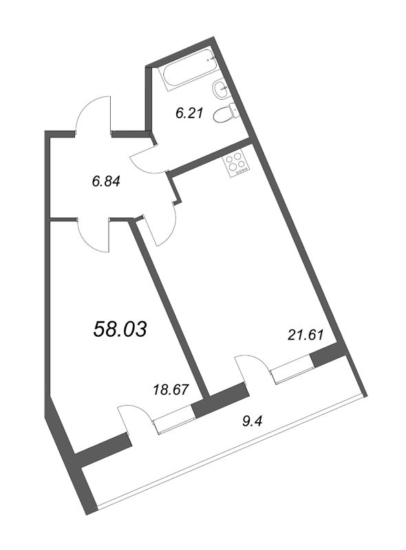 2-комнатная (Евро) квартира, 56.7 м² в ЖК "Аквилон Zalive" - планировка, фото №1