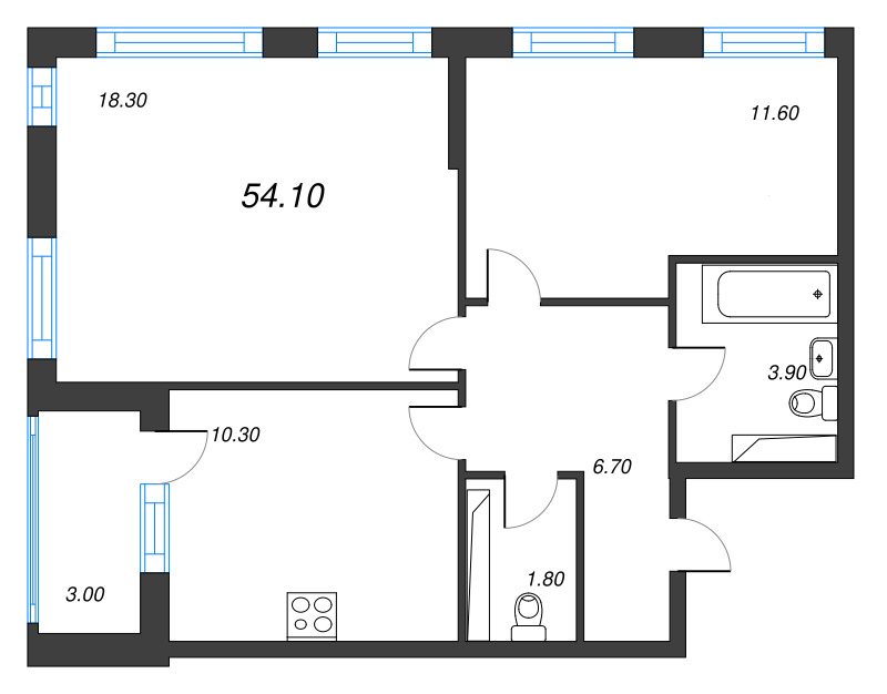 2-комнатная квартира, 54.1 м² в ЖК "Тайм Сквер" - планировка, фото №1