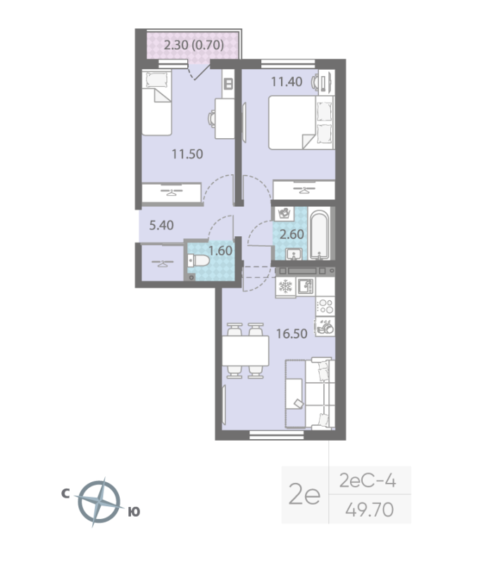 3-комнатная (Евро) квартира, 49.7 м² - планировка, фото №1