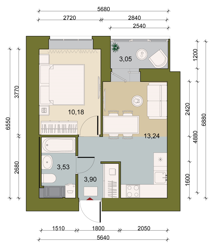 1-комнатная квартира, 32.58 м² в ЖК "Уютный" - планировка, фото №1