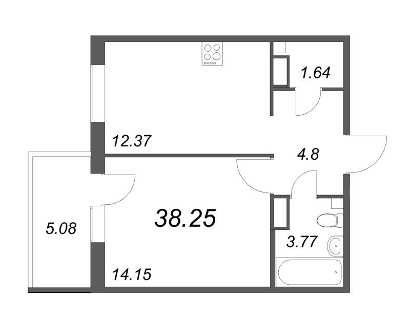1-комнатная квартира, 38.35 м² - планировка, фото №1
