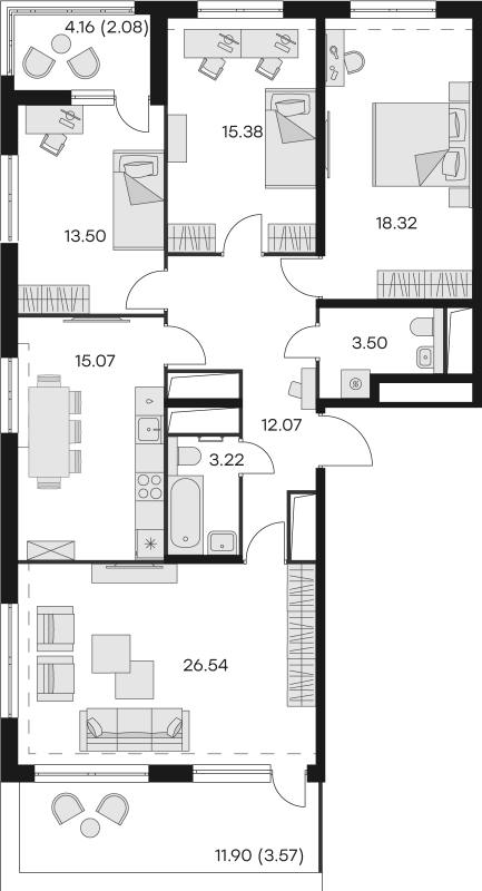 4-комнатная квартира, 113.25 м² в ЖК "GloraX Заневский" - планировка, фото №1