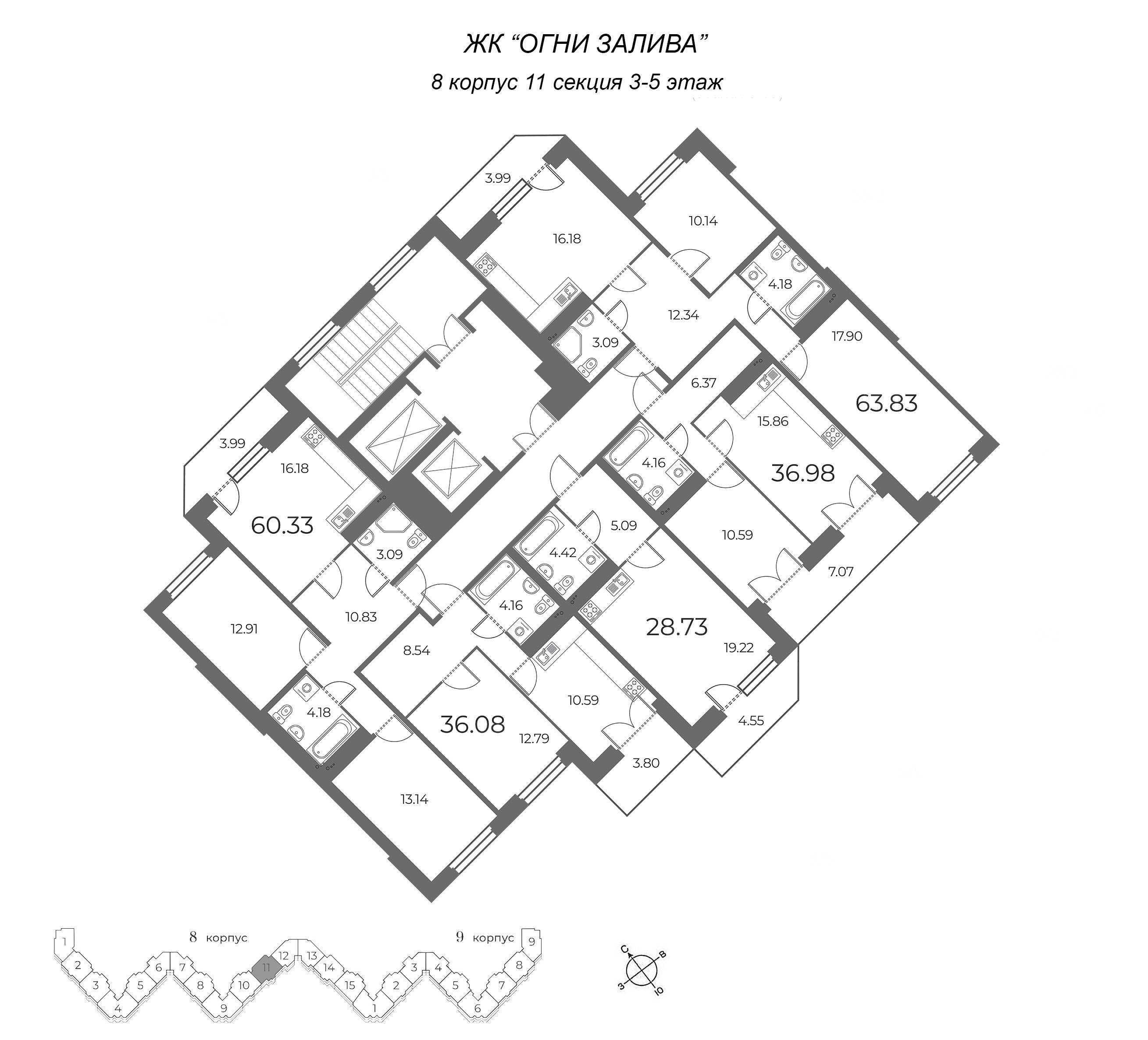 Квартира-студия, 30 м² в ЖК "Огни Залива" - планировка этажа
