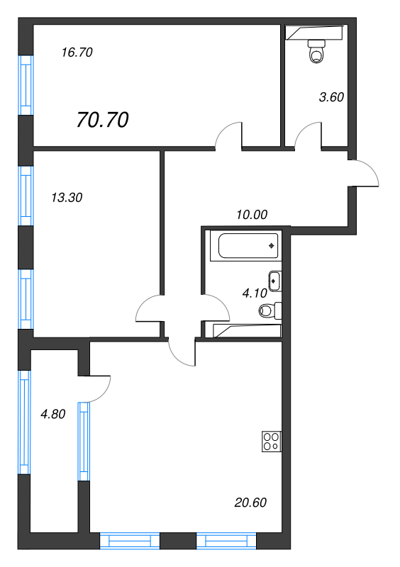 3-комнатная (Евро) квартира, 70.7 м² в ЖК "Тайм Сквер" - планировка, фото №1