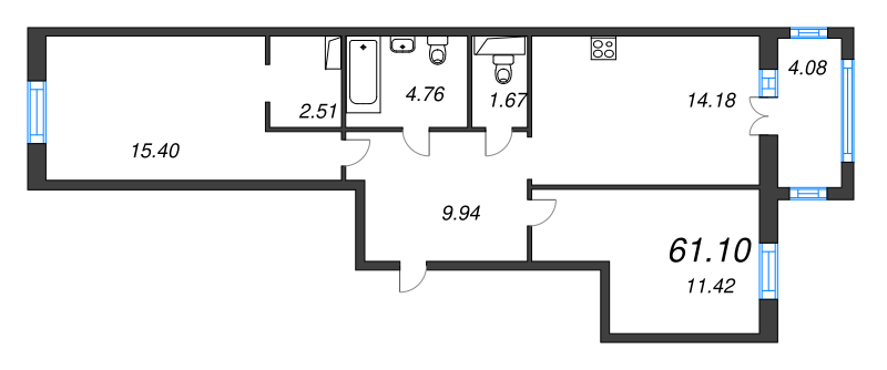 2-комнатная квартира, 61.1 м² в ЖК "ID Park Pobedy" - планировка, фото №1