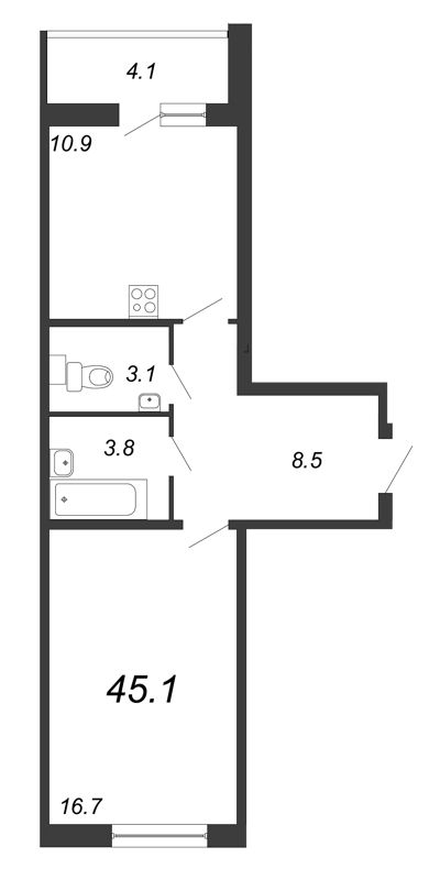 1-комнатная квартира, 45.6 м² в ЖК "Квартал Che" - планировка, фото №1