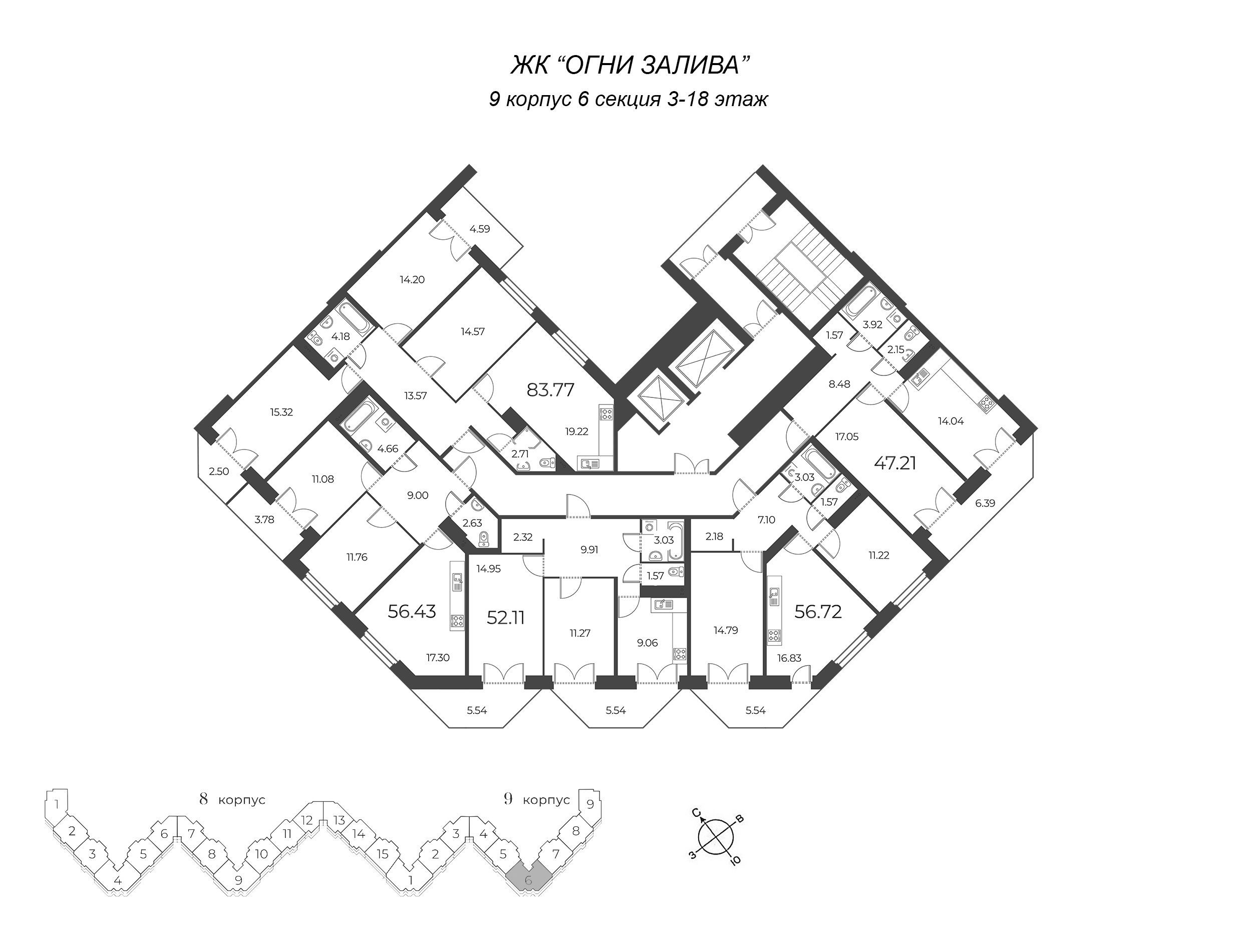 1-комнатная квартира, 50.41 м² в ЖК "Огни Залива" - планировка этажа