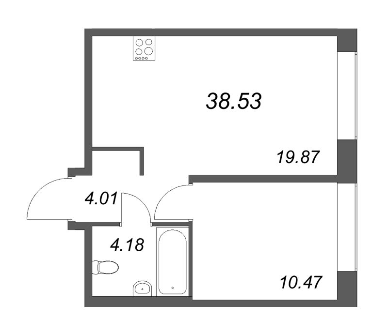 2-комнатная (Евро) квартира, 38.53 м² в ЖК "Avant" - планировка, фото №1