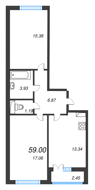 2-комнатная квартира, 59 м² в ЖК "AEROCITY" - планировка, фото №1