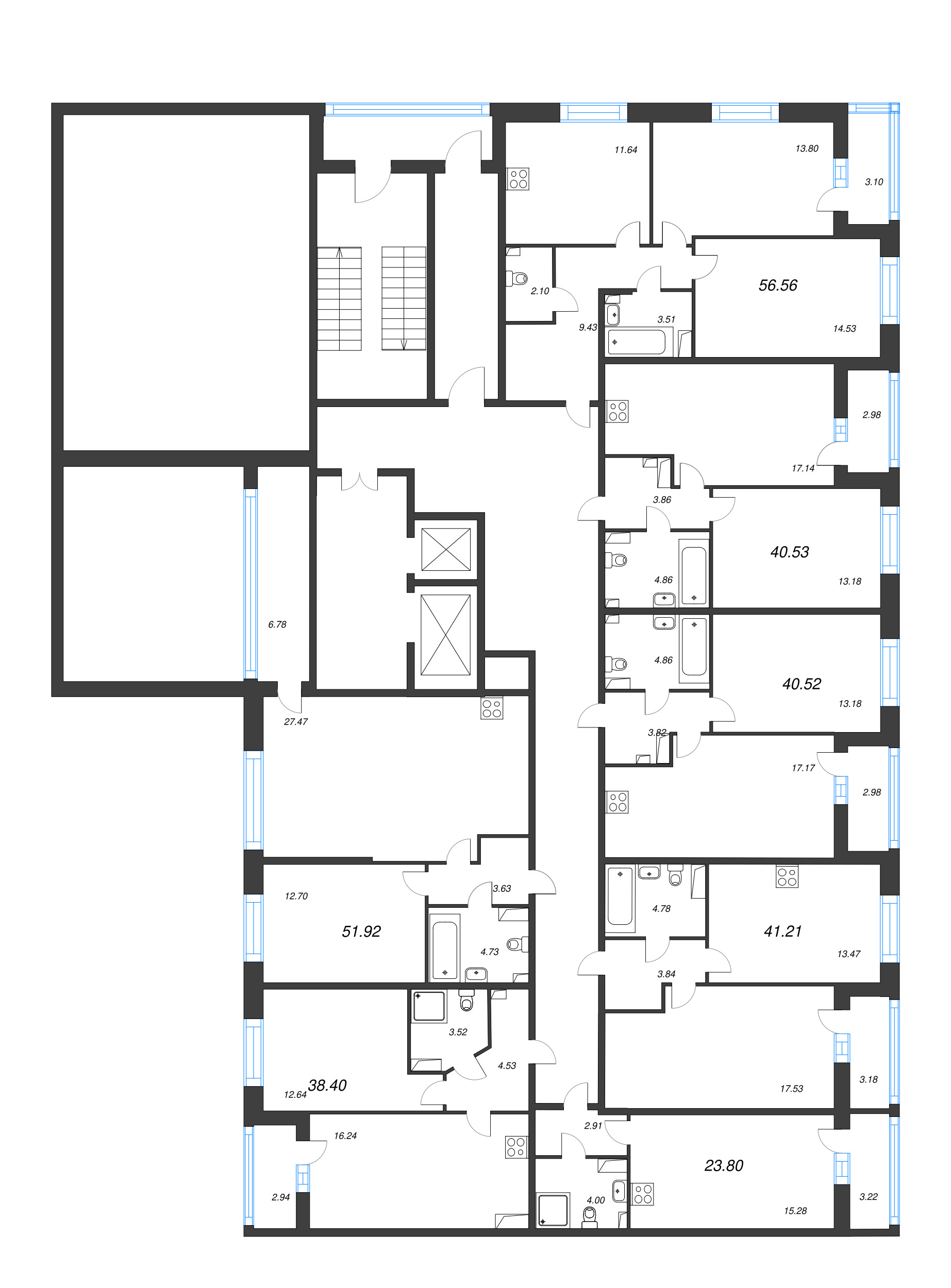 2-комнатная квартира, 56.56 м² в ЖК "Аквилон Leaves" - планировка этажа