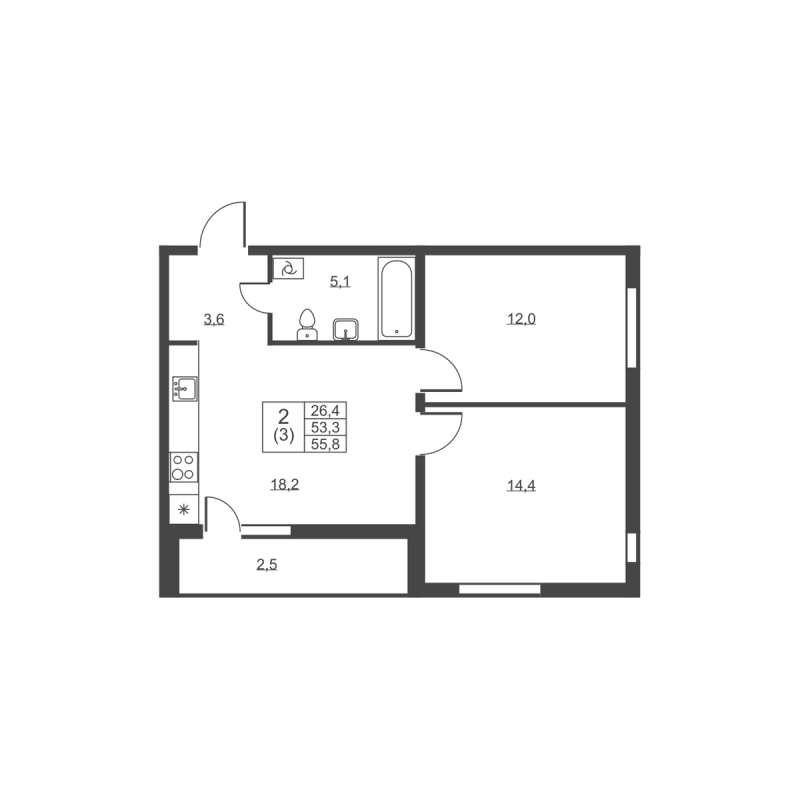 3-комнатная (Евро) квартира, 55.8 м² в ЖК "Ермак" - планировка, фото №1