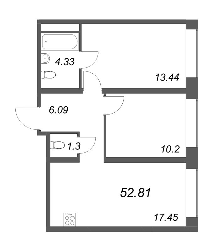 3-комнатная (Евро) квартира, 52.81 м² в ЖК "Avant" - планировка, фото №1