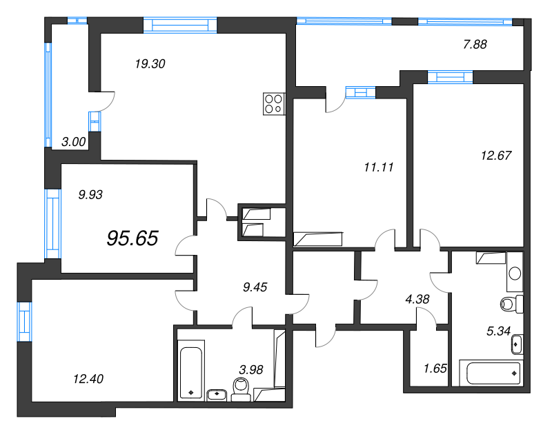 5-комнатная (Евро) квартира, 95.65 м² в ЖК "Cube" - планировка, фото №1