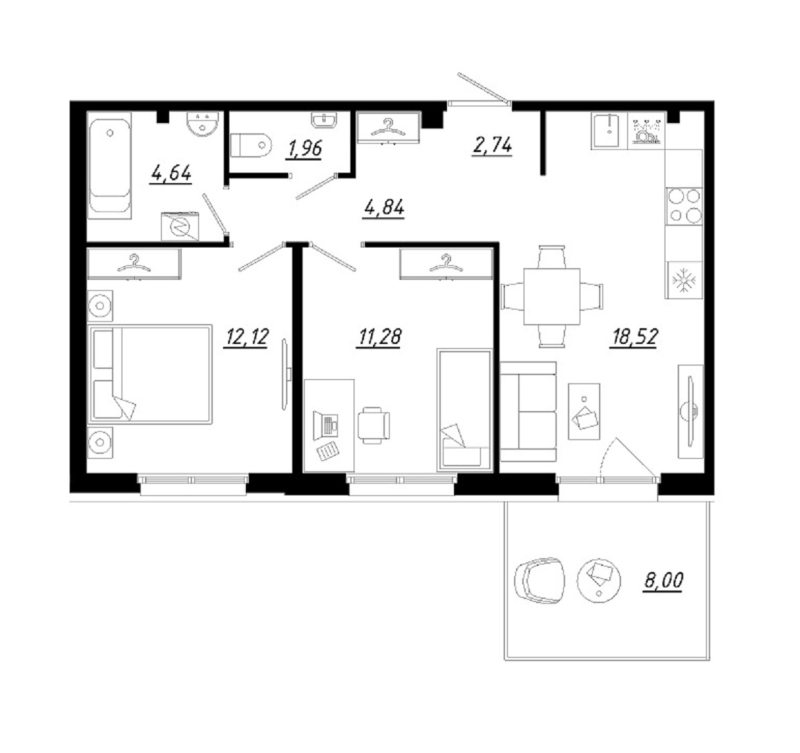 3-комнатная (Евро) квартира, 58.5 м² в ЖК "Счастье 2.0" - планировка, фото №1