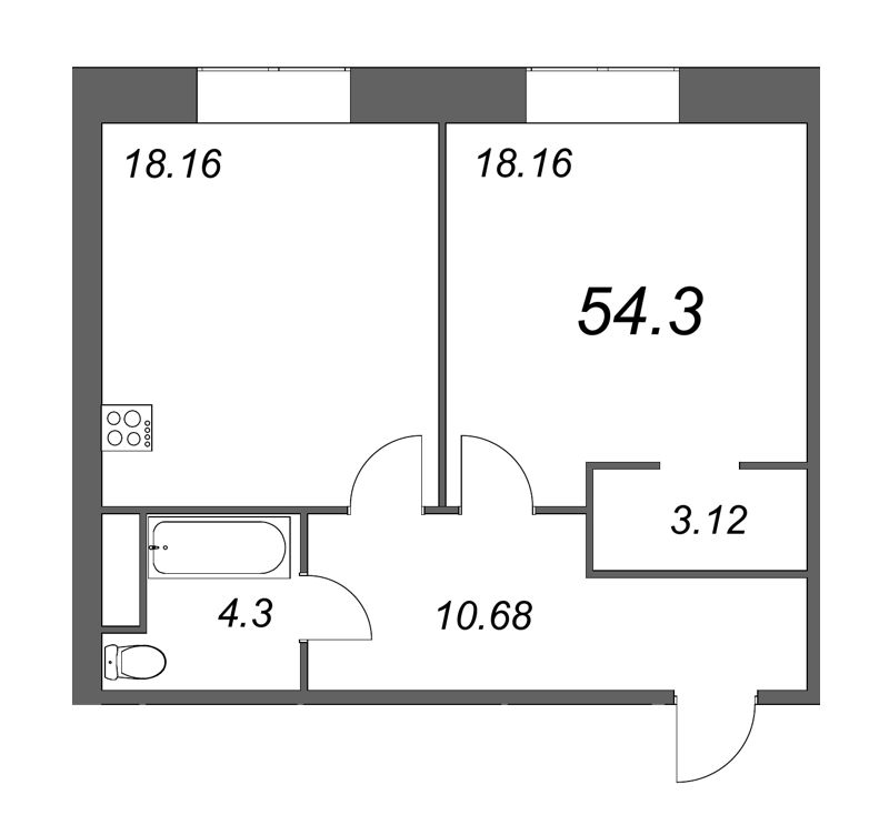 1-комнатная квартира, 58.3 м² в ЖК "Мадонна Бенуа" - планировка, фото №1