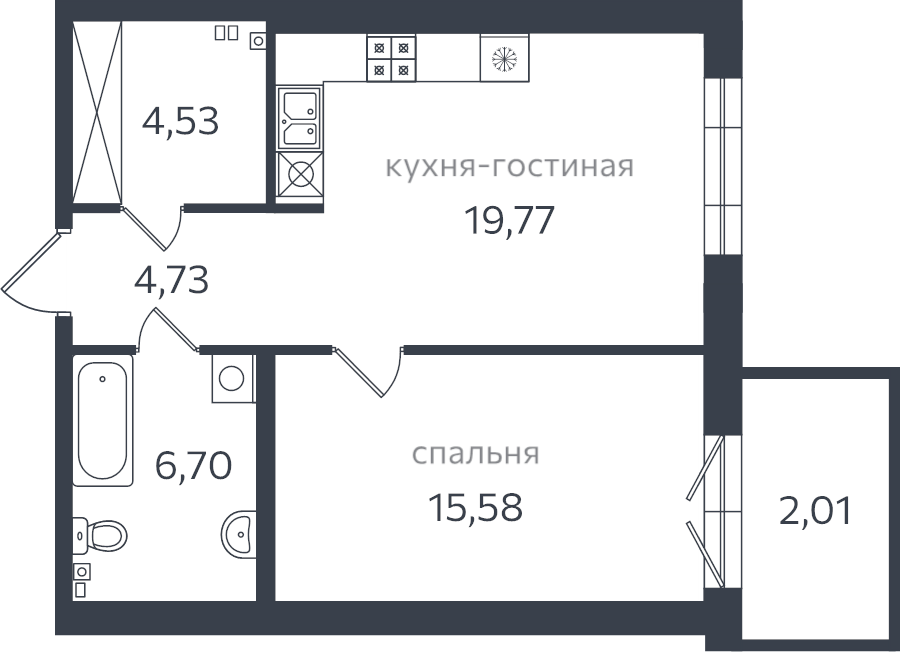 2-комнатная (Евро) квартира, 53.4 м² в ЖК "Петровская коса" - планировка, фото №1