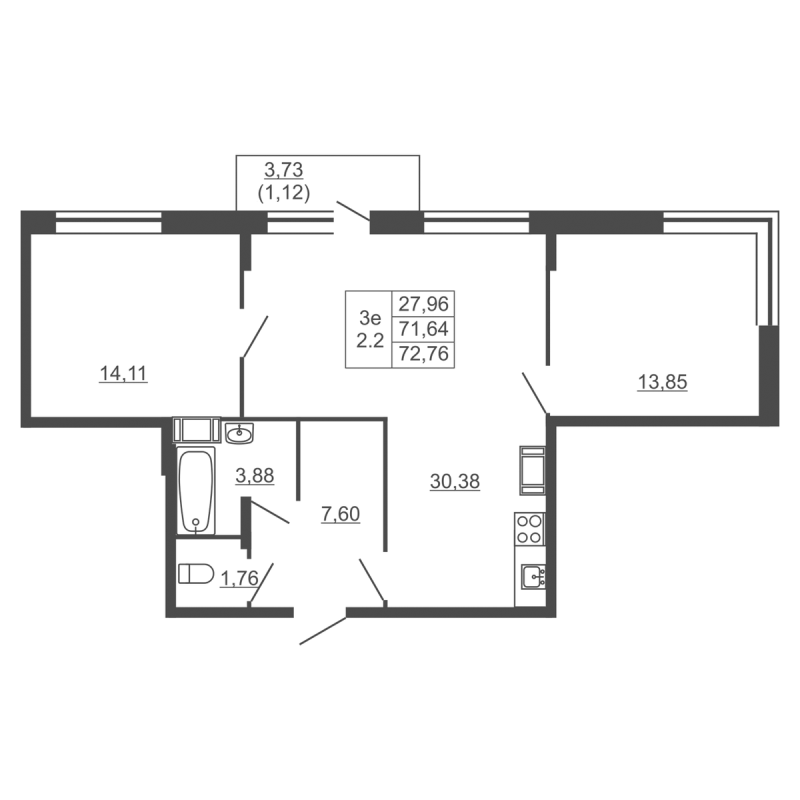 3-комнатная (Евро) квартира, 72.76 м² в ЖК "Полёт" - планировка, фото №1