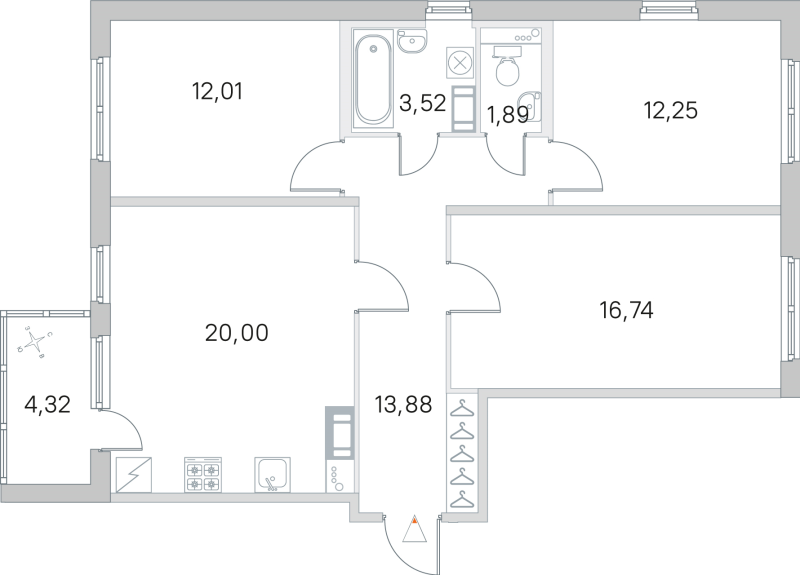 4-комнатная (Евро) квартира, 80.29 м² в ЖК "ЮгТаун" - планировка, фото №1