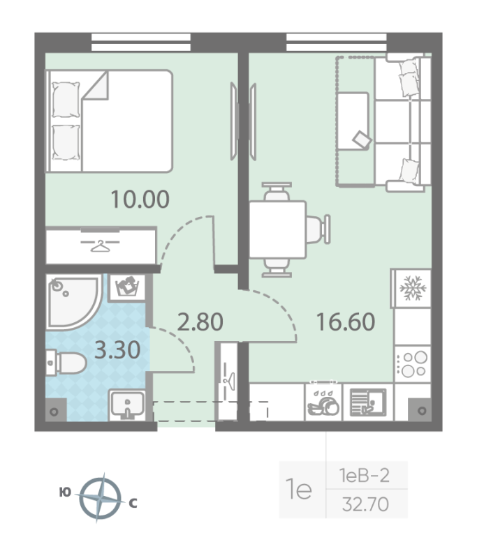 2-комнатная (Евро) квартира, 32.7 м² - планировка, фото №1