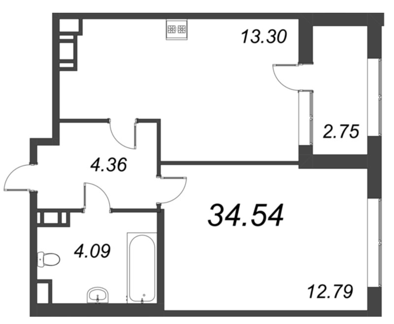 1-комнатная квартира, 34.54 м² в ЖК "Б15" - планировка, фото №1