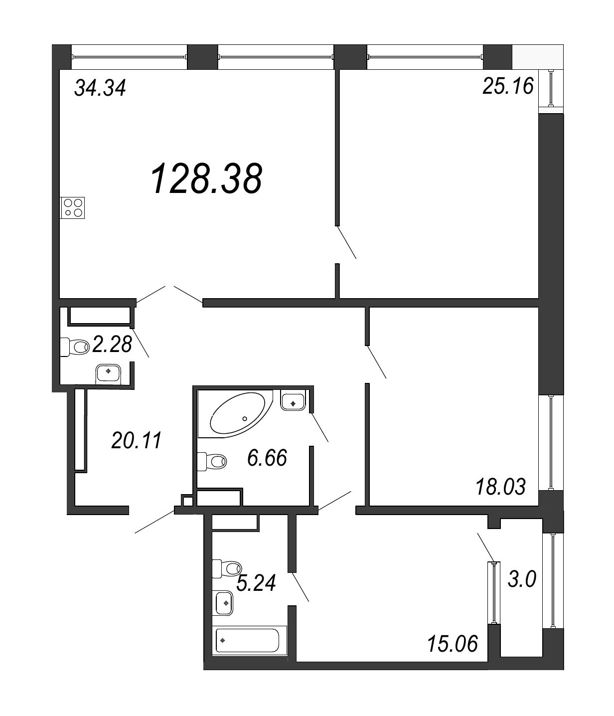4-комнатная (Евро) квартира, 128.38 м² в ЖК "Дефанс Премиум" - планировка, фото №1