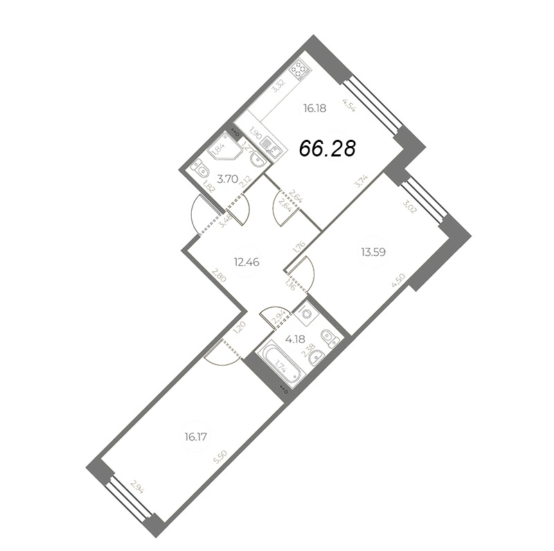 3-комнатная (Евро) квартира, 66.28 м² в ЖК "Огни Залива" - планировка, фото №1