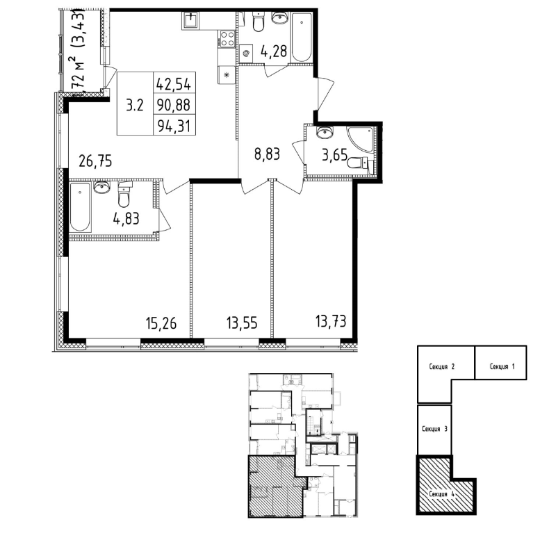 4-комнатная (Евро) квартира, 90.88 м² в ЖК "Чёрная речка" - планировка, фото №1