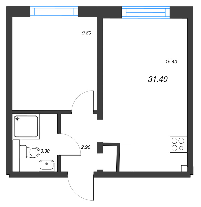 2-комнатная (Евро) квартира, 31.4 м² в ЖК "Цветной город" - планировка, фото №1