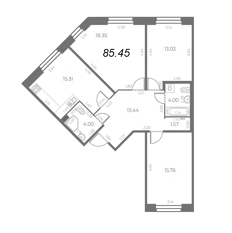 4-комнатная (Евро) квартира, 85.45 м² в ЖК "Огни Залива" - планировка, фото №1
