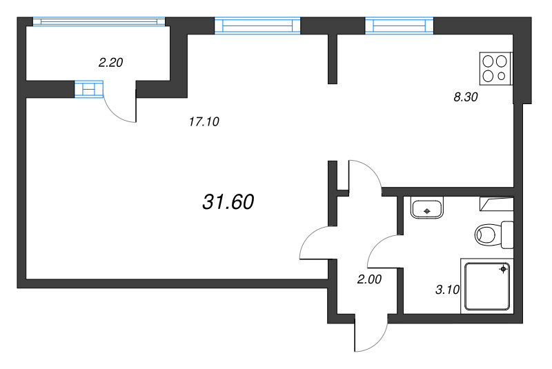 1-комнатная квартира, 30.5 м² - планировка, фото №1